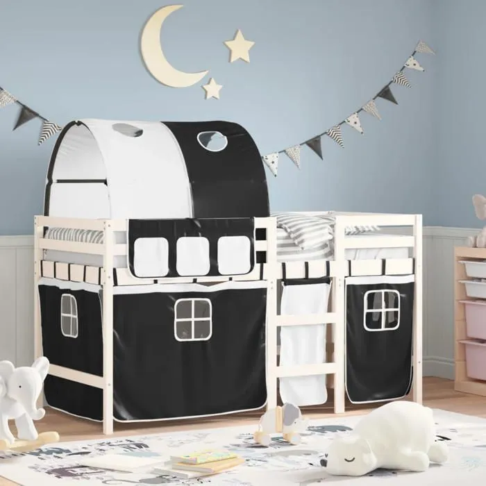 vidaXL Lit Mezzanine Enfants avec Tunnel, Lit Intermédiaire avec Rangement, Meuble de Chambre à Coucher, Moderne, Blanc/Noir 3283838-0
