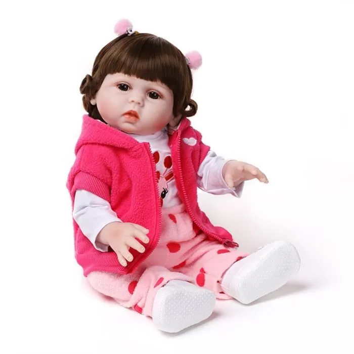 Poupée Reborn Silicone - 48cm - Poupon Réaliste Nouveau-Né - Cheveux Bouclés - Yeux Marrons-3