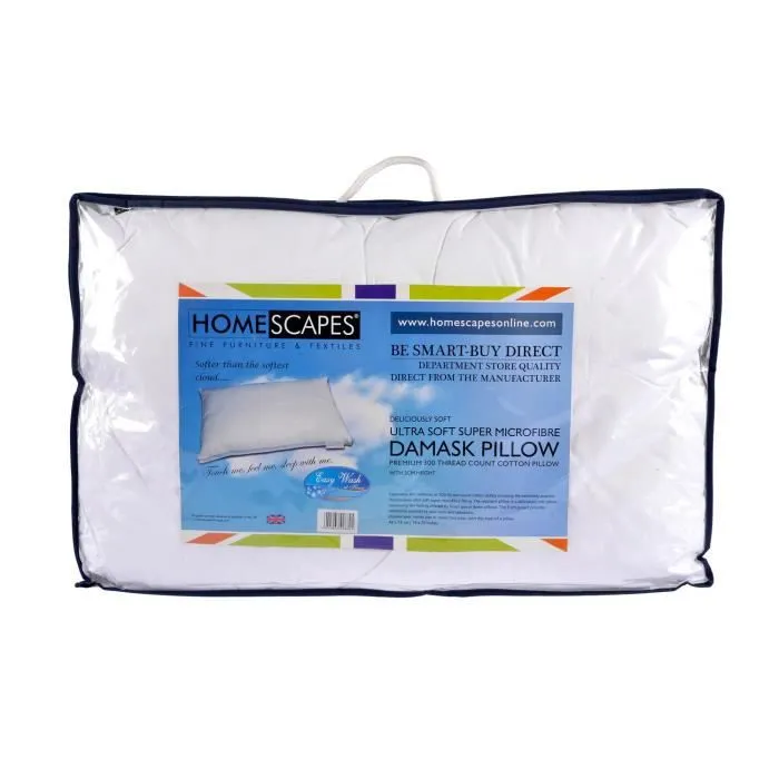 Oreiller en 100% microfibre enveloppe coton damassé ultra doux Blanc 50 x 75 cm-1