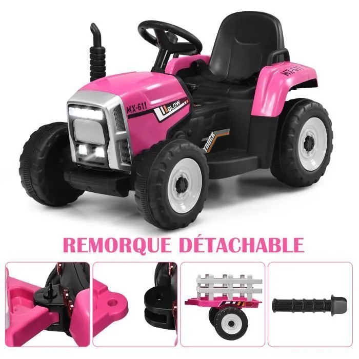 COSTWAY 12V Tracteur Électrique Enfants à 6 Pneus - Pelle, Remorque Amovible, LED, Musique - Télécommande 2,4G, 3-8km/h, Rose-0