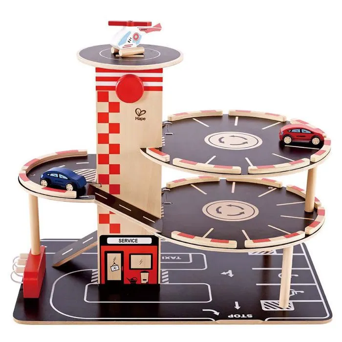 Garage en bois 4 niveaux HAPE - 2 voitures et 1 hélicoptère inclus - Rouge et noir-2