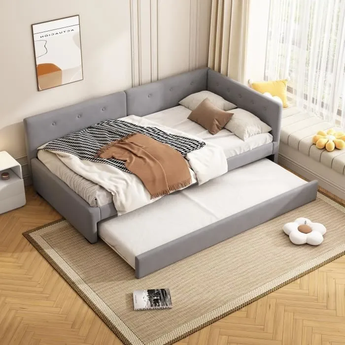 Lit gigogne - Velours - 90x200cm + 90x190cm - 2/3 places - Sommier à lattes - Gris-0