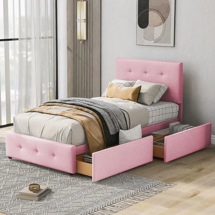 Lit capitonné - MODERNLUXE - 90x200cm - Velours rose - 2 tiroirs - Sommier à lattes-2