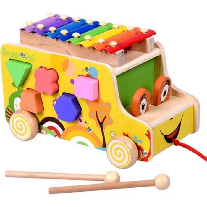 Bebe Enfant Bois Bus Jouet Enfant Jeux Construction Bois Xylophone Bebe 18 Mois avoir Forme Géométrique 8 ton Et Marteau en Bois-0