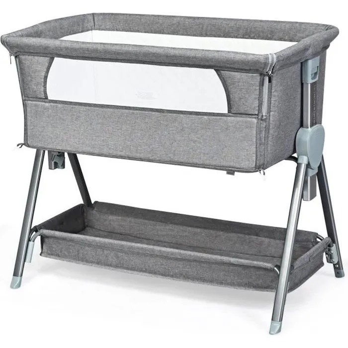 COSTWAY Lit Cododo Bébé avec Matelas Amovible 3,5CM Hauteurs Réglables Panier de Rangement Roues Intégrée à 15KG 0-6 Mois Gris-0