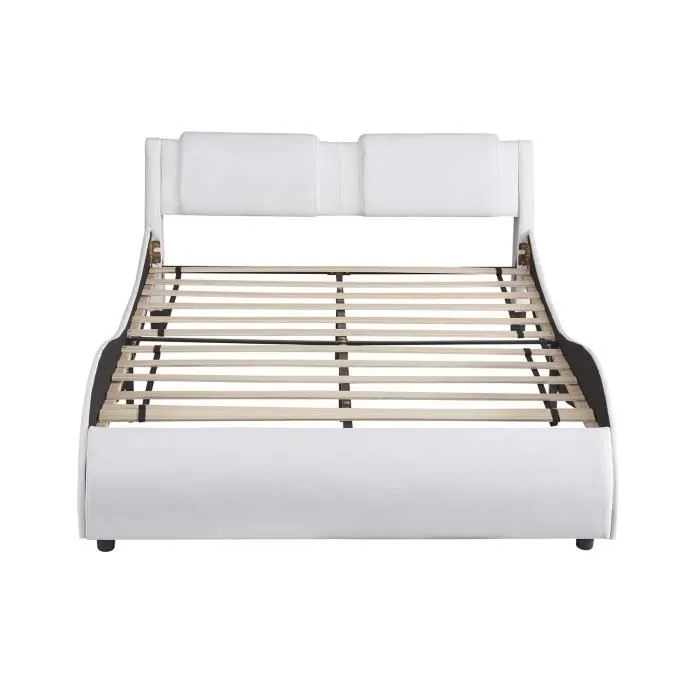 MODERNLUXE Lit adulte 140x200cm, lit double avec LED, sommier à lattes, matériaux bois et simili cuir, Forme du lit space, blanc-2