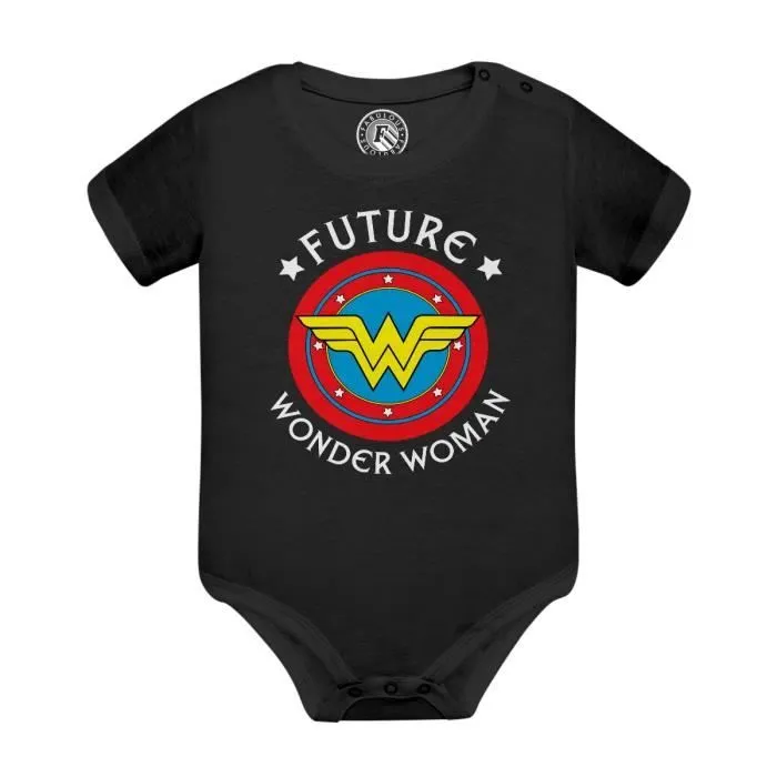 Body Bébé Manche Courte Noir Future Wonder Woman Super Heroine BD Maman-0
