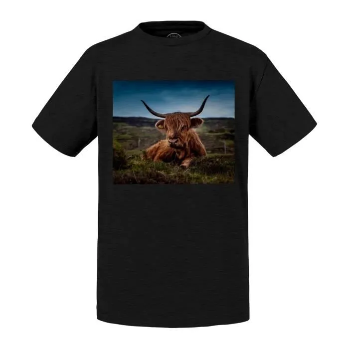 T-shirt Enfant Gris Taureau Highland Magnifique Animal Vie Sauvage Photo Nature-0