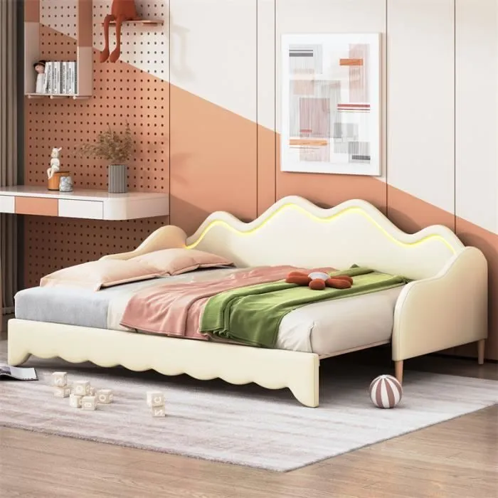 Lit gigogne - DREAMMESPACE - 90-180x190cm - simili cuir - LED-0