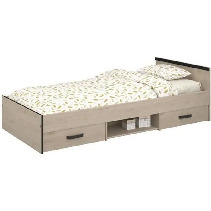 Lit enfant PARISOT Zodiac - 90x200 cm - Panneaux de particules - Décor chêne et noir - Rangement-0