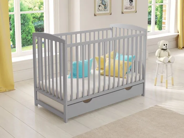 Lit bebe 120x60cm avec tiroir,Lit Bebe evolutif avec Matelas en Mousse,barrière de sécurité en Bois et Gaine protectrice, Gris-1