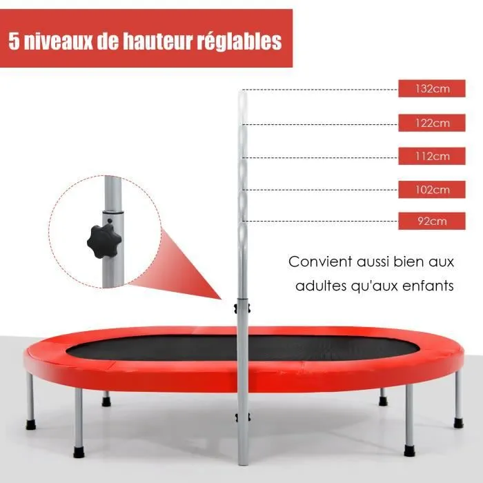 COSTWAY Trampoline Enfants Pliable Intérieur/Extérieur avec Main Courante Ajustable Coussin Tapis de Saut Charge 150kg Rouge-2