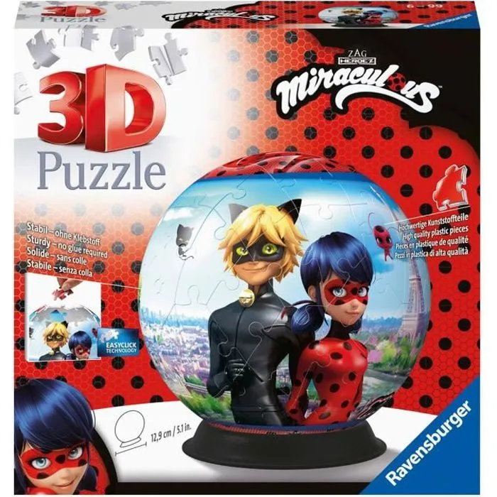 Puzzle 3D Miraculous Ladybug et Chat Noir - Ravensburger - 72 pièces - Dès 6 ans-0