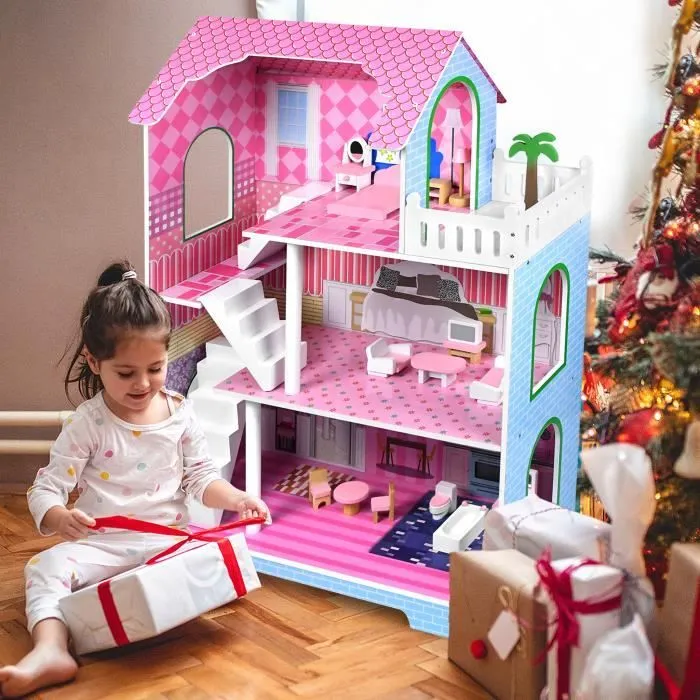 UISEBRT 3 étages Maison de poupée en bois Barbie, Grande villa de poupée avec meubles et accessoires(70 x 36 x 100 cm)-3