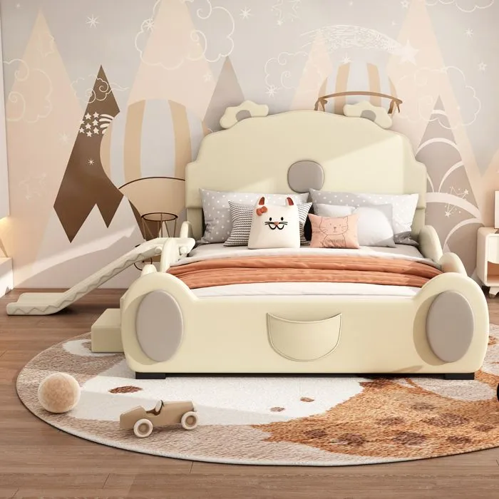 Lit enfant - Non spécifié - 140x200cm - Beige - Design ours - Toboggan inclus-1
