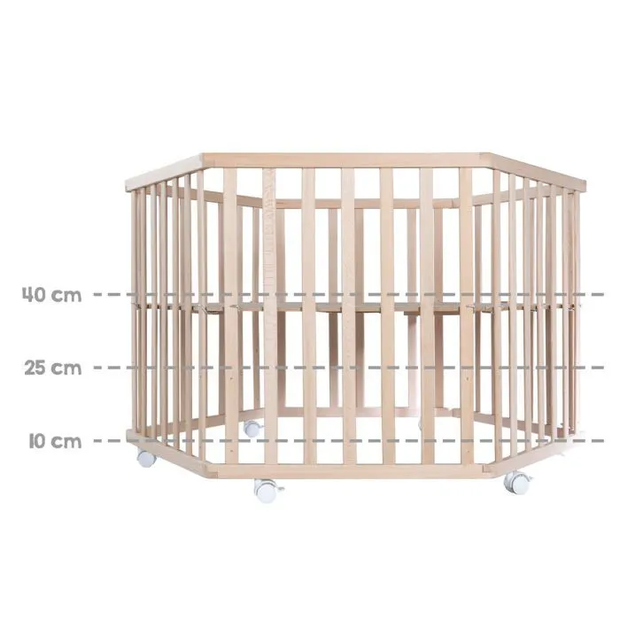 ROBA Parc Bébé Hexagonal en Bois Liebhabear + Tapis de Parc et Roues Avec Freins - Base Ajustable en Hauteur - Naturel-3