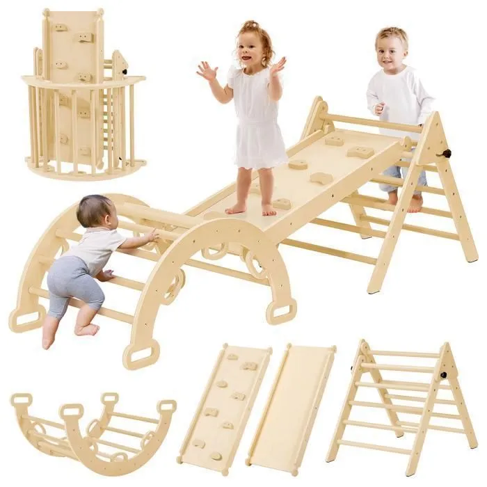 Triangle à Grimper - Montessori - Pliant - Bois Naturel - 2-3 Enfants - 24 mois à 12 ans-0