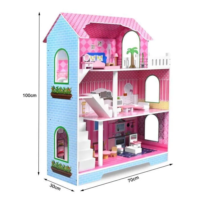 UISEBRT 3 étages Maison de poupée en bois Barbie, Grande villa de poupée avec meubles et accessoires(70 x 36 x 100 cm)-1