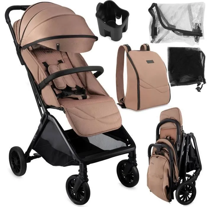 MoMi ANDREA Poussette Auto-pliant 0-22 kg - Légère 7,3kg - Kit d'accessoires – Sac à dos - Barre de sécurité rotative – Marron-0