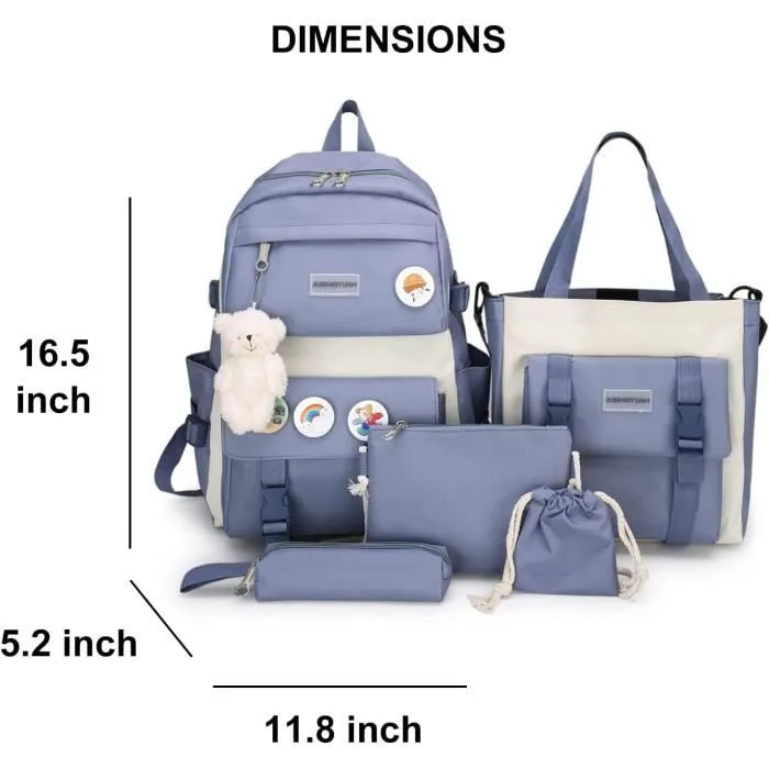 Lot de sacs à dos - RNGCPTO - Ensemble kawaii - 5 pièces - Bleu - 30 x 13 x 42 cm-2