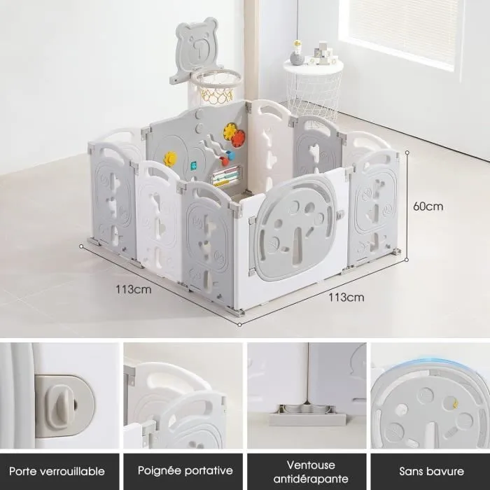 Parc Bébé 8+2 Panneaux 113×113cm, Parc bebe modulable plastique, Parc Bebe avec Porte et Panneau d'activité, Parc pour enfants L-3