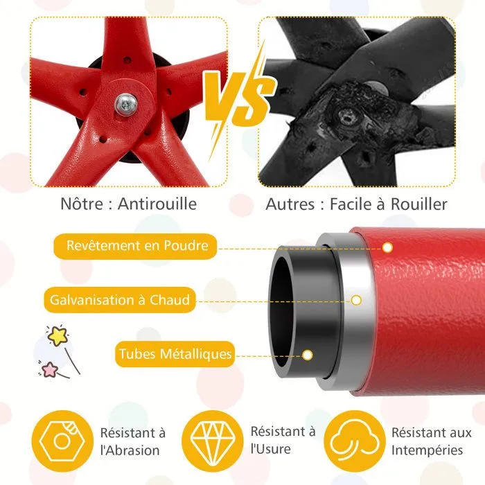 COSTWAY Dome Escalade Exterieur 305 CM avec Balancoire Charge 363 KG Structure en Metal pour Enfants de 3 - 12Ans Rouge-5