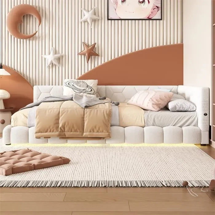 Canapé-lit - DREAMMESPACE - 140x200cm - LED 16 couleurs - Port USB - Tissu peluche - Blanc-1
