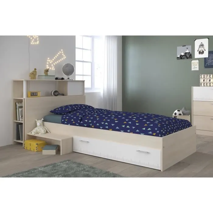 PARISOT Ensemble lit + tête de lit avec rangement - Style contemporain - Décor acacia clair et blanc - CHARLEMAGNE-0