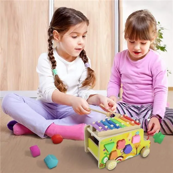 Bebe Enfant Bois Bus Jouet Enfant Jeux Construction Bois Xylophone Bebe 18 Mois avoir Forme Géométrique 8 ton Et Marteau en Bois-3
