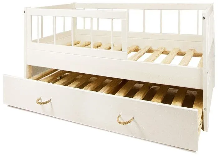 Lit d'Enfant en Bois naturel Style Scandinave 160x80cm avec Barrière et Double Couchage : Confort et Sécurité Assurés - Blanc-0