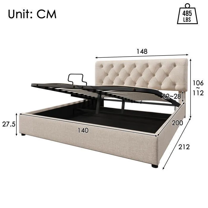 Lit coffre 140x200cm, avec sommier à lattes métalliques, Cadre de lit moderne avec espace de rangement, sans matelas, beige-5
