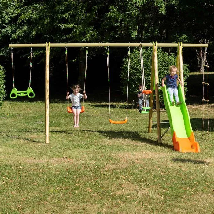Station de jeux bois poutre métal TECHWOOD MAKUTA 2,30 m + toboggan 8 enfants-1