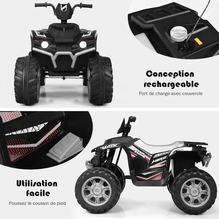COSTWAY Quad Électrique 12V pour Enfants 3-7 Ans, avec Lumière, Musiques et Histoires, 104x67x74cm, pour Différents Terrains, Noir-4