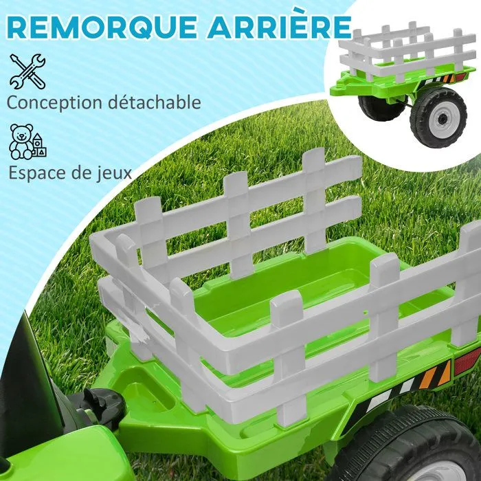 Tracteur électrique - HOMCOM - avec remorque amovible - avec télécommande MP3 musique affichage lumières - enfants 3-6 ans - vert-4