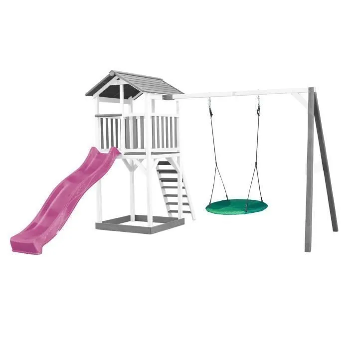 Aire de Jeux - AXI - Beach Tower - Toboggan Violet - Balançoire Nid d'oiseau Vert - Bac à Sable-0