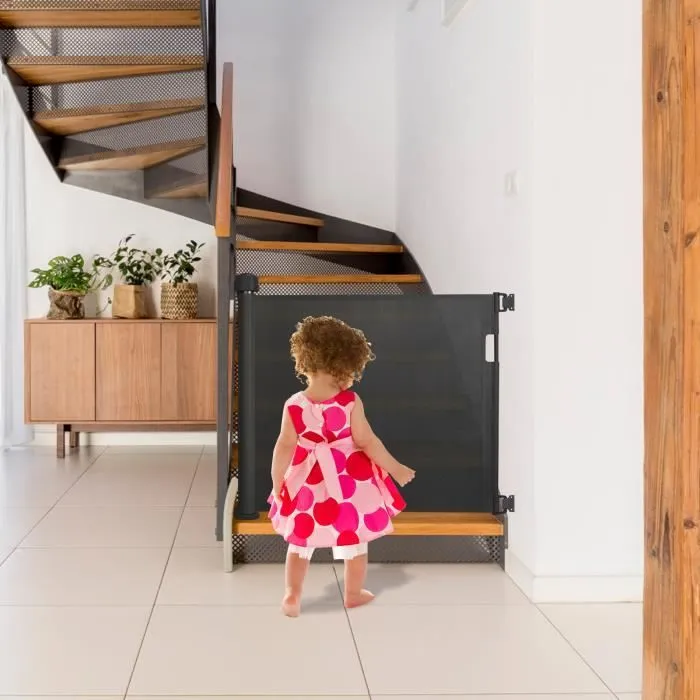 HENGMEI Barrière sécurité bébé (0 à 140 cm) Extensible et Enroulable d'Escaliers et Portes, Noir-1