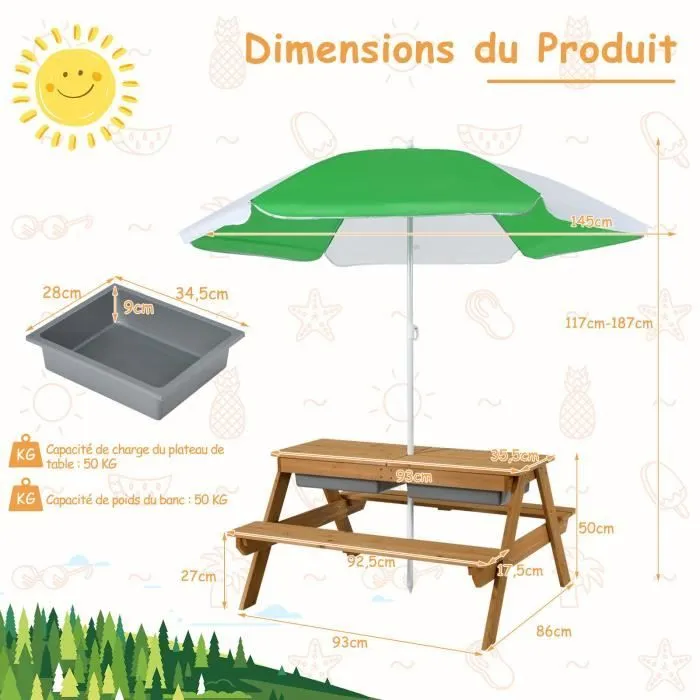 COSTWAY Table et 2 Bancs pour 4 Enfants avec Parasol , 2 Boîtes pour Sable & Eau, Plateau Amovible, 3-7 Ans-0