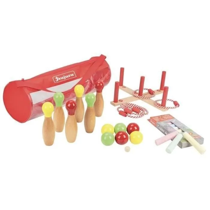 Pack de jeux d'extérieur en bois - JEUJURA - Anneaux, quilles, boules de pétanque et craies de trottoir-1