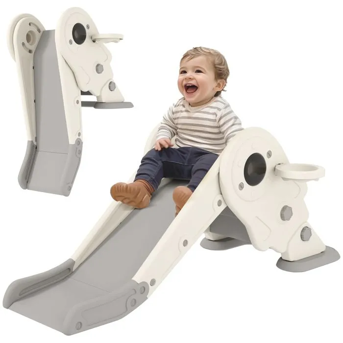 3 en 1 Toboggan pour enfants AIYAPLAY panier de basket et escalade, toboggan intérieur pour enfants pliable, de 2 à 5 ans, crème-0