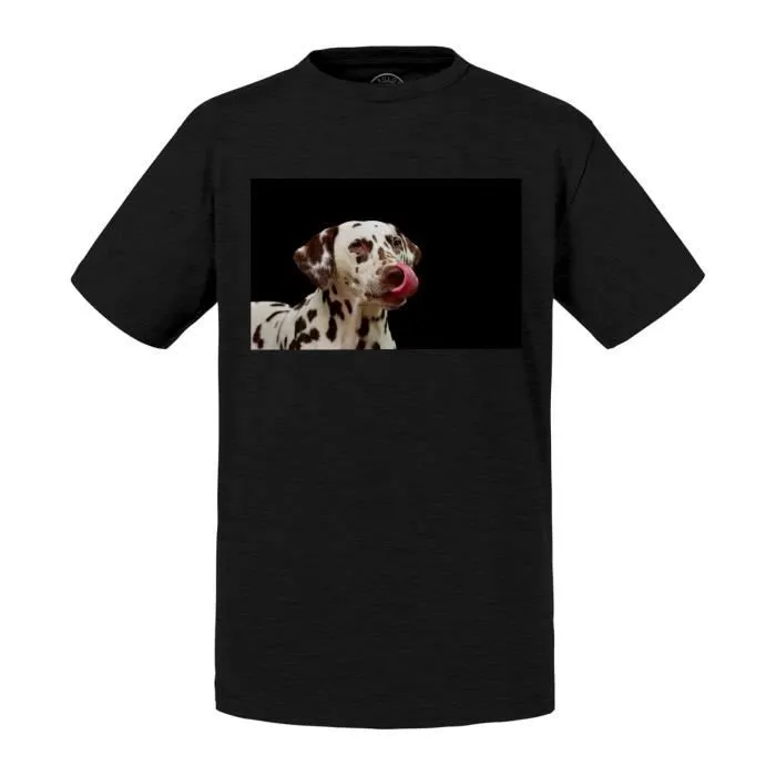T-shirt Enfant Bleu Dalmatien Gros Chien Tire La Langue Blanc et Marron Mignon-0