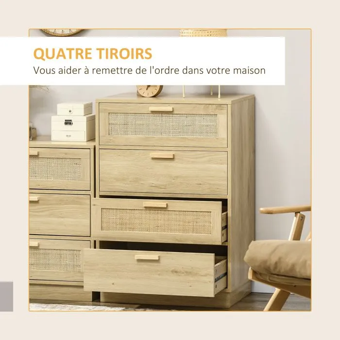 Commode design bohème en rotin - HOMCOM - 4 tiroirs - meuble de rangement - bois naturel-4