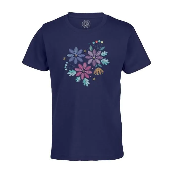 T-shirt Enfant Bleu Dessin Fleurs des Champs Minimalistes Fait Main Art Illustration Couleurs Primaires-0