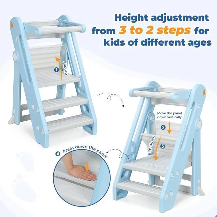 Tour d'observation Montessori Enfant, Marchepied pour Enfants réglable en Hauteur de 2 à 3 marches, Pliable, Sécurité, Bleu-2
