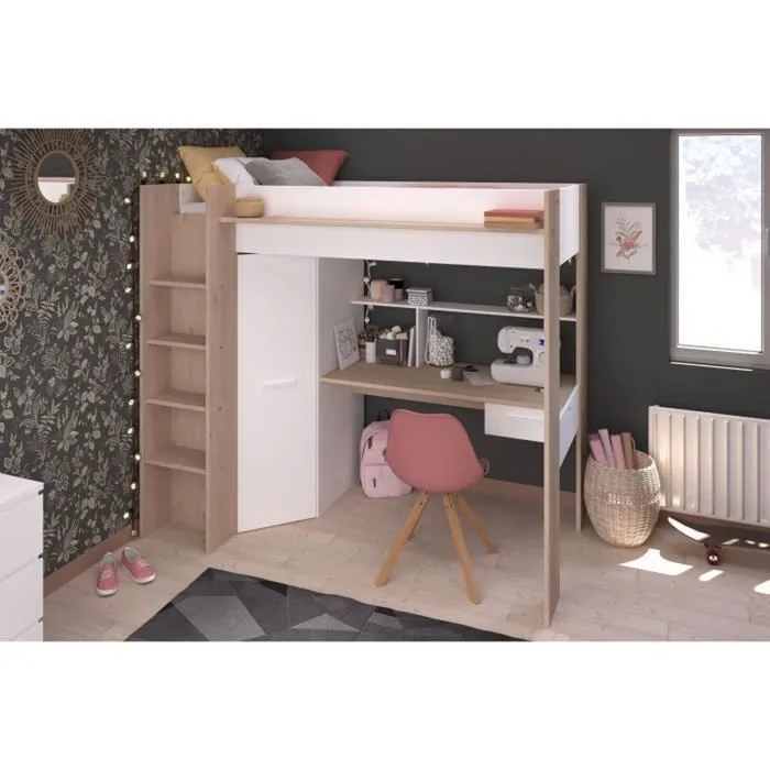 Lit mezzanine avec bureau et armoire - 90 x 200 cm - Coloris : Blanc et naturel - AUCKLAND-1