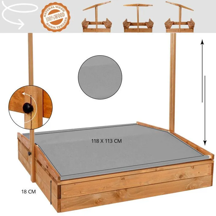 Bac à Sable - Springos - 120 x 120 cm - Bois Massif - Bancs Pliables - Toit Réglable-3