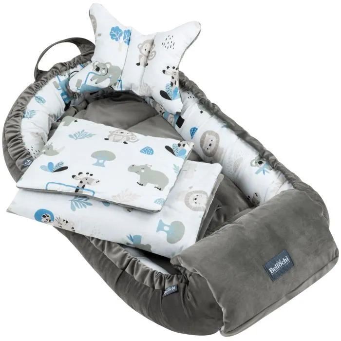 Bellochi Kit Nids Bébé 5 Pièces - Reducteur de Lit Bebe une Couverture de Bebe Cale Tete Bébé un Oreiller Plat - Safari-0