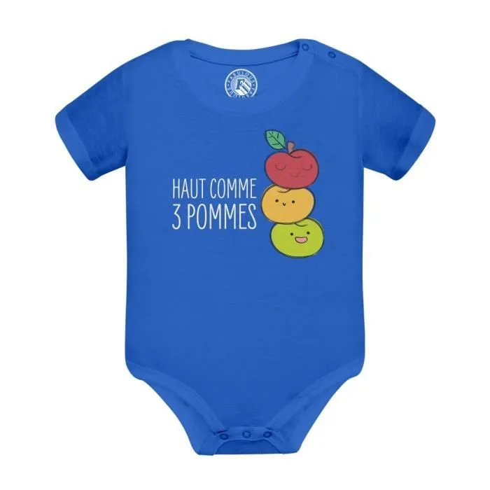 Body Bébé Manche Courte Bleu Haut comme 3 Pommes Expression Fruits Enfant-0