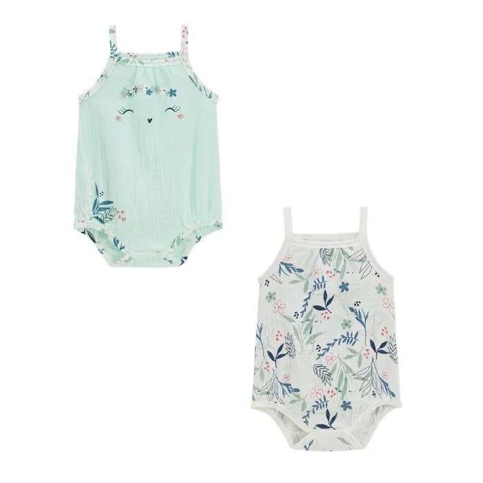 Lot de 2 bodies bébé - Dahlia - Bleu - Gaze de coton - Bretelles - Motifs fleuris-0