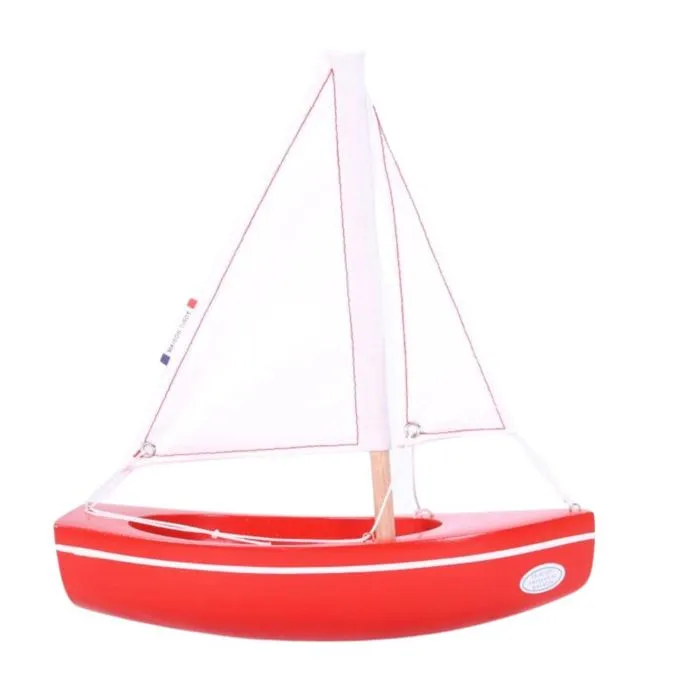 Bateau en bois - Le Sloop Rouge - 21cm - Voiles en coton - Fabriqué à la main-0