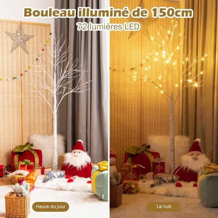 COSTWAY Arbre Artificiel 150cm Bouleau Blanc Chaud Flexible 72 Lumineux LED Intérieur Base Plastique Décoration de Noël PVC Inodore-1
